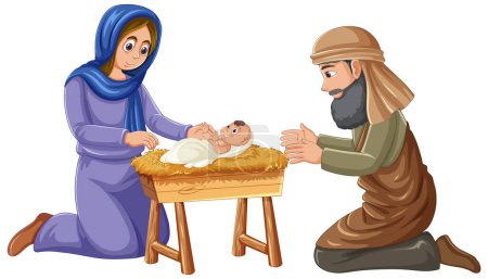 Téléchargez les illustrations : Illustration chaleureuse de Marie donnant naissance à Jésus, avec le soutien de Joseph - en licence libre de droit