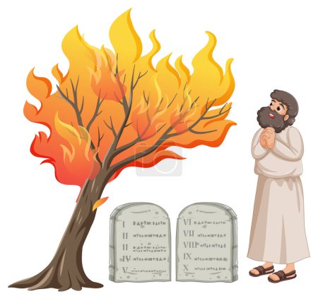 Ilustración de Una vibrante ilustración de dibujos animados vectoriales que representa a Moisés y la zarza ardiente de la historia bíblica - Imagen libre de derechos