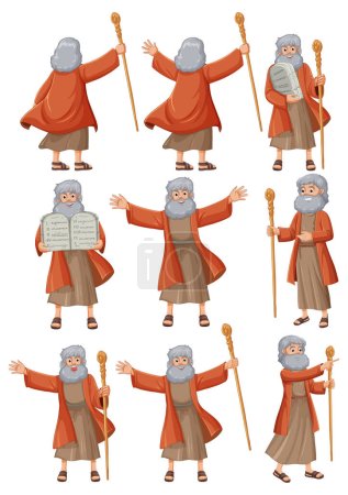 Illustration for Illustration of Moses in various poses with staff, parting the sea, and holding the Ten Commandments - Royalty Free Image