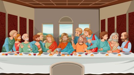 A vector cartoon illustration depicting the Last Supper scene from the last days of Jesus Christ
