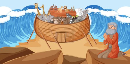 Ilustración de Ilustración de Moisés orando sobre una roca mientras el Arca de Noé navega a través del mar partido con animales salvajes cargados - Imagen libre de derechos