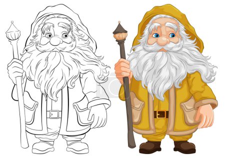 Illustration for An illustrated cartoon of an old wizard holding a staff, wearing a yellow hoodie - Royalty Free Image