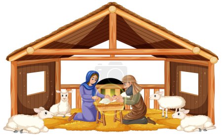 Illustration for Mary giving birth to Jesus surrounded by sheep and Joseph in a cartoon-style illustration - Royalty Free Image