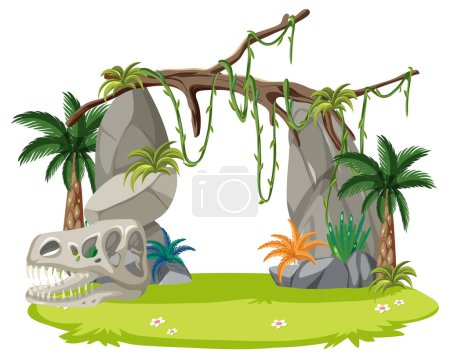 Ilustración de Una ilustración vectorial de dibujos animados de una selva aislada con una atmósfera prehistórica y un cráneo jurásico - Imagen libre de derechos
