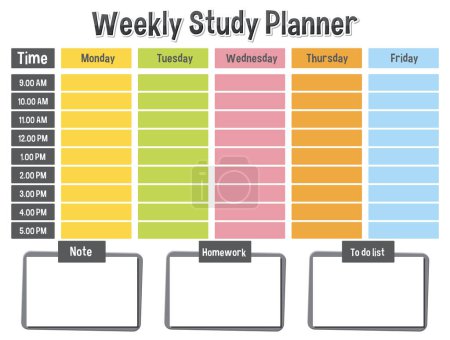 Illustration for A vibrant and organized study planner template with hourly schedule - Royalty Free Image