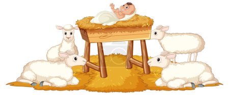 Téléchargez les illustrations : Illustration de l'enfant Jésus entouré de moutons dans une crèche - en licence libre de droit