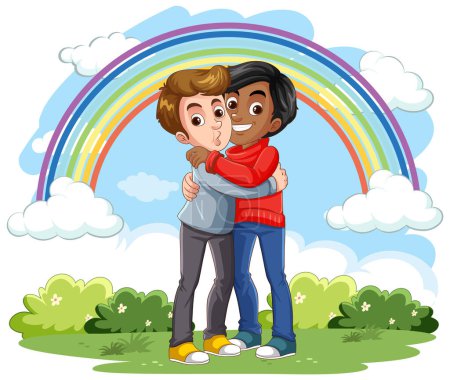 Téléchargez les illustrations : Heureux gay couple câlins à l 'parc illustration - en licence libre de droit