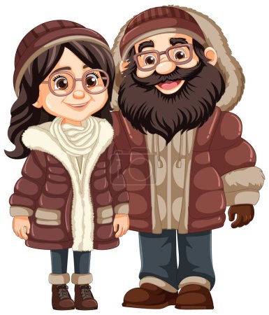 Ilustración de Ilustración de una pareja de mediana edad con gafas, gorro y chaqueta de piel Parka para el invierno frío - Imagen libre de derechos