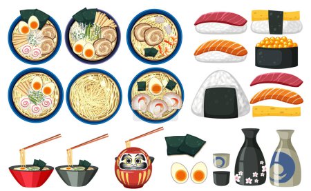 Téléchargez les illustrations : Une illustration vectorielle vibrante mettant en vedette une variété de spécialités japonaises - en licence libre de droit