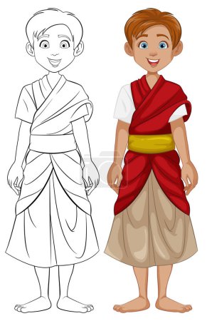 Téléchargez les illustrations : Personnages colorés de dessins animés représentant des hommes d'Asie du Sud-Est en tenue traditionnelle - en licence libre de droit