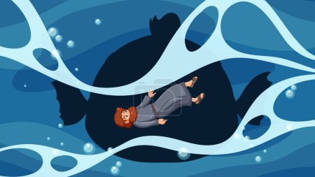 Illustration for Jonah is under water, escaping from a big fish - Royalty Free Image