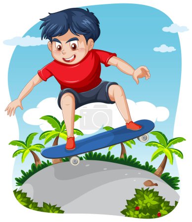 Illustration for A male youth playing skateboard in a fisheye lens cartoon illustration - Royalty Free Image