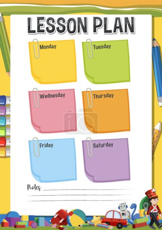 Illustration for Weekly lesson plan template schedule with a background of children's toys and learning tools - Royalty Free Image