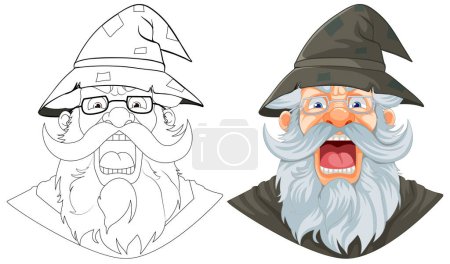 Illustration for Angrily scowling old man wearing a wizard hat, with a long beard and mustache - Royalty Free Image