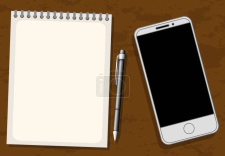 Ilustración de Ilustración vectorial colorida con un cuaderno, un teléfono inteligente y una pluma sobre un fondo marrón - Imagen libre de derechos