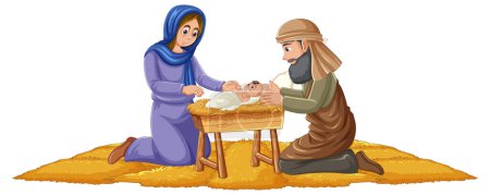 Ilustración de Una caprichosa representación de dibujos animados de la Virgen María dando a luz a Jesucristo, con José a su lado - Imagen libre de derechos