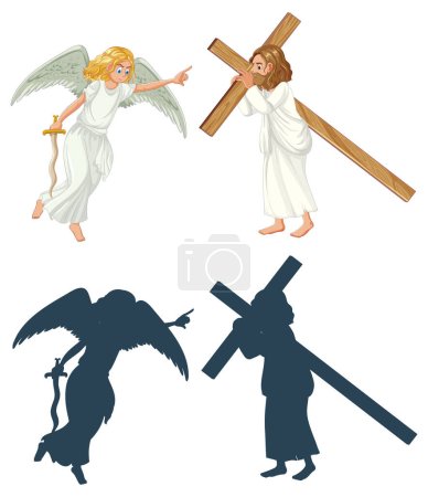 Téléchargez les illustrations : Illustration de Jésus portant une croix avec un ange volant à côté de lui, tenant une épée - en licence libre de droit