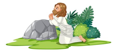 Ilustración de Una ilustración vectorial de dibujos animados de Jesucristo en oración con un ángel - Imagen libre de derechos