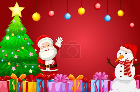 Illustration for A joyful Santa Claus with a variety of presents, standing next to a snowman and a festive Christmas ornament, against a vibrant red background - Royalty Free Image