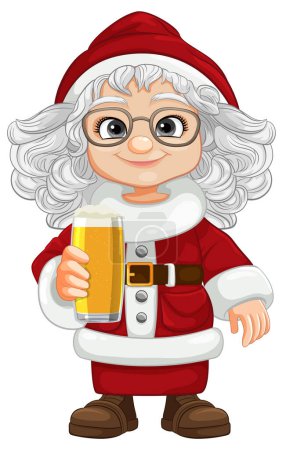 Illustration for A joyful female Santa Claus wearing glasses holds a pint of beer - Royalty Free Image