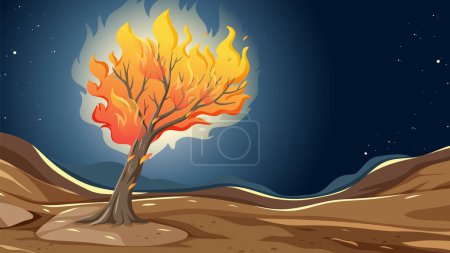 Téléchargez les illustrations : Illustration d'une histoire religieuse de Moïse avec un arbre de mort brûlant dans un paysage de sécheresse désertique - en licence libre de droit