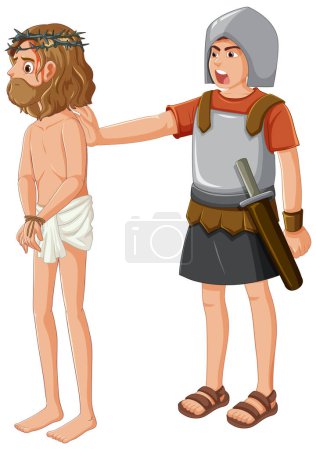 Illustration for A soldier is being pushed from behind by Jesus in a vector cartoon style - Royalty Free Image