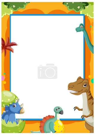 Illustration for A vector cartoon illustration style border frame template featuring a variety of prehistoric animals, including many dinosaurs - Royalty Free Image