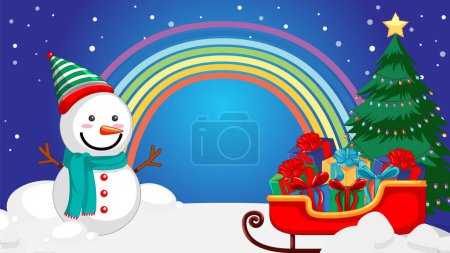 Illustration for Colorful winter scene with rainbow, gifts, and festive decorations - Royalty Free Image