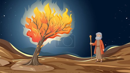 Téléchargez les illustrations : Moïse regarde un arbre brûler dans le désert - en licence libre de droit