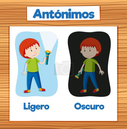 Illustration for A colorful vector illustration of a Spanish word card featuring the antonyms 'Ligero' and 'Oscuro' - Royalty Free Image