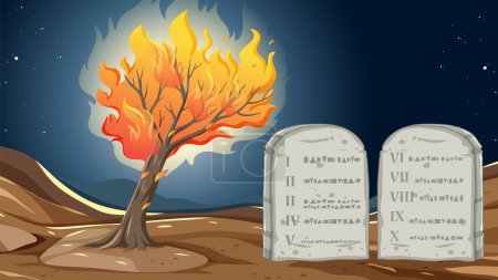 Illustration for A vibrant vector cartoon illustration depicting Moses and the burning bush from the biblical story of the Ten Commandments - Royalty Free Image