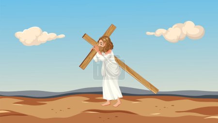 Ilustración de Jesús sufre juicio y tortura mientras lleva la cruz descalza - Imagen libre de derechos