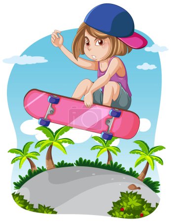 Illustration for A female youth enjoys skateboarding at a vibrant cartoon skate park - Royalty Free Image