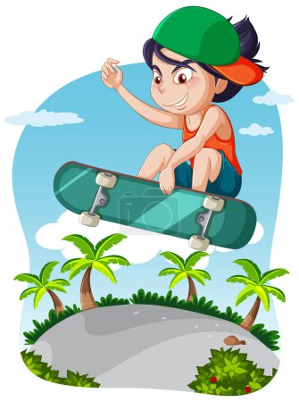 Illustration for A female youth enjoys skateboarding at a vibrant cartoon skate park - Royalty Free Image