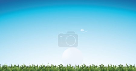 Illustration for A vibrant golf ball resting on lush green grass under a clear blue sky - Royalty Free Image