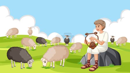 Illustration for David, from the biblical story of David and Goliath, playing a lyre to sheep in a beautiful natural setting - Royalty Free Image
