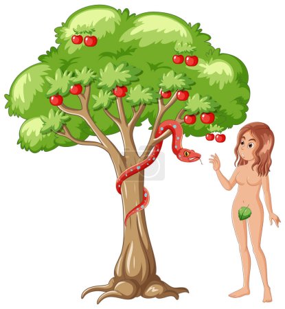 Téléchargez les illustrations : Illustration représentant Eve cueillant une pomme de l'arbre avec un serpent, dans l'histoire biblique d'Adam et Eve - en licence libre de droit