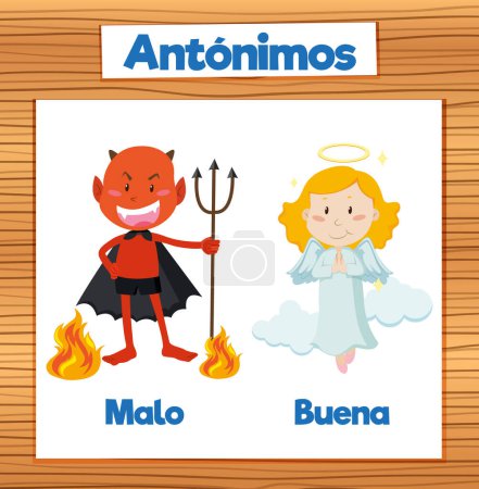Illustration for Illustrated card with Spanish antonyms: Malo and Buena - Royalty Free Image