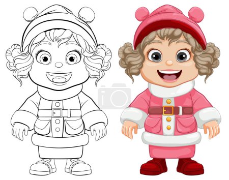 Téléchargez les illustrations : Une fille heureuse portant un manteau d'hiver Santa et bonnet chapeau - en licence libre de droit