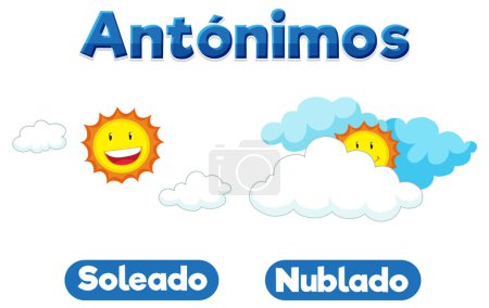 Illustration for Colorful vector illustration of antonym word card in Spanish language - Royalty Free Image