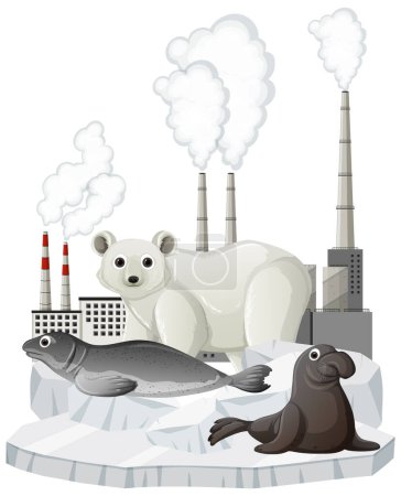 Illustration for Illustration of animals on melting ice due to human factory pollution - Royalty Free Image