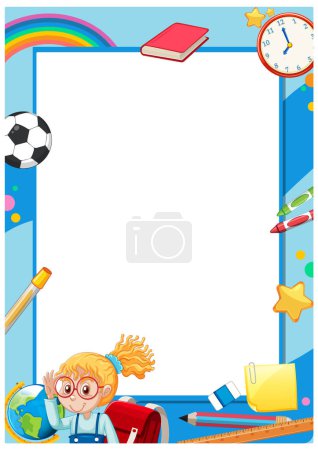 Illustration for Vector cartoon character surrounded by learning tools in a border frame - Royalty Free Image
