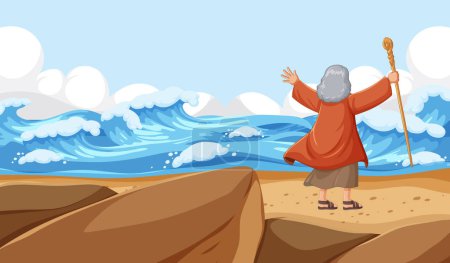 Illustration for Moses holding staff, parting the sea in a vibrant vector cartoon style - Royalty Free Image