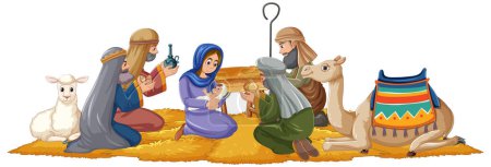 Illustration for Angel informs shepherds of Jesus' birth, bringing gifts - Royalty Free Image