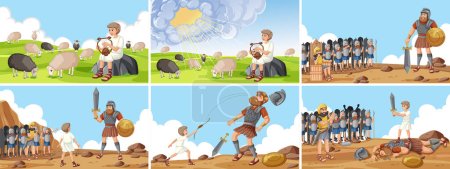Illustration for Illustrated scenes depicting the biblical story of David and Goliath - Royalty Free Image