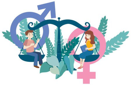 Téléchargez les illustrations : Illustration d'un homme et d'une femme avec des symboles de genre dans une perspective fisheye déformée - en licence libre de droit