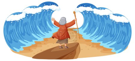 Ilustración de Ilustración de Moisés separando el Mar Rojo en un estilo de dibujos animados - Imagen libre de derechos