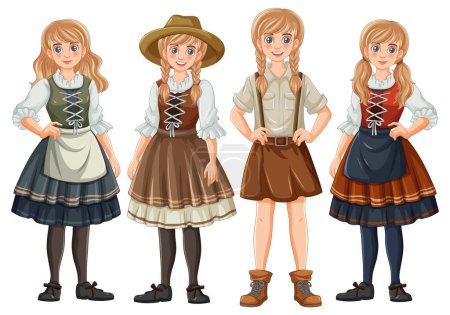 Téléchargez les illustrations : Illustration vectorielle de femmes villageoises en robe bavaroise allemande - en licence libre de droit