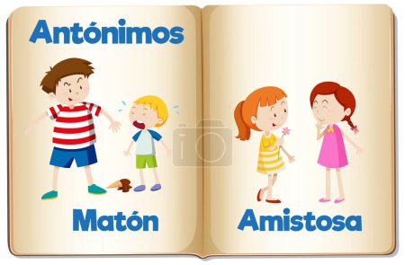 Illustration for Illustrated word card with antonyms in Spanish language - Royalty Free Image