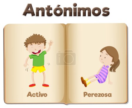 Illustration for Illustrated word card featuring antonyms Activo and Perezosa in Spanish - Royalty Free Image